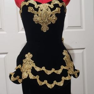 Victor Costa Velvet Black Gold Lace Dress.